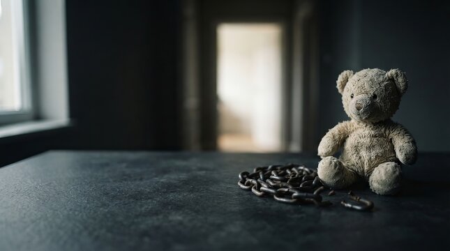 Worn teddy bear sitting beside broken metal chain on dark surface in dimly lit room with textured surface moody lit indoor environment weathered teddy vulnerability abandonment loneliness trauma