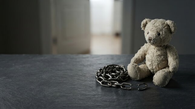Stuffed animal toy beside broken metal chain symbolizing freedom from emotional trauma with blurred interior background textured surface against weathered teddy bear sitting next severed childhood