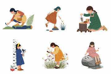 Fototapeta premium Little Girl Exploring Nature Vector Set: Kids Outdoor Activities in Forest, Playing with Flowers, Studying Insects, Flat Minimalist Illustration for Educational and Children's Design.