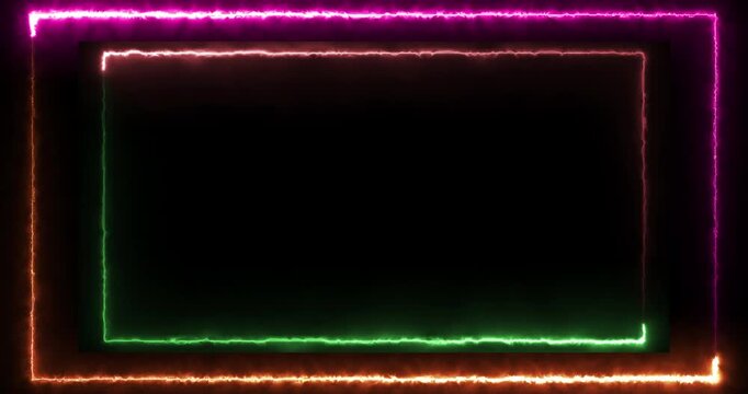 Neon Double Frame Border with Glowing Green Orange Pink and Red Lights on Black Background, Electric Rectangle Outline for Gaming Technology and Digital Design