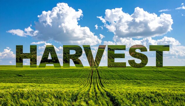 Word Harvest in Large Double Exposure Typography Over a Vibrant Green Agricultural Field Under a Bright Blue Sky with Fluffy Clouds