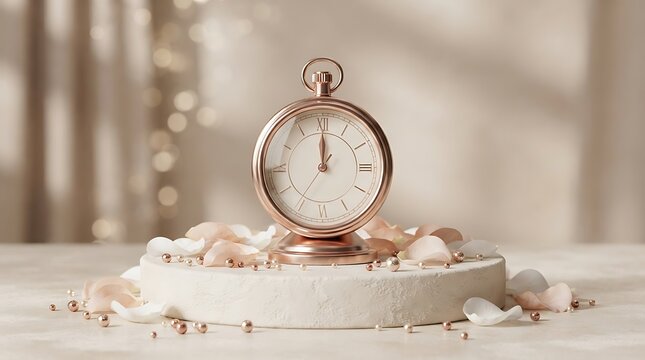 Elegant rose gold clock on a stone pedestal with flower petals