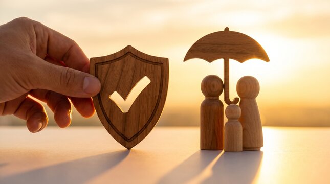 Hand holding wooden shield beside miniature family figures under umbrella representing security with planning