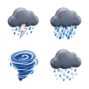 Three dimensional weather icons with dark storm and rain clouds