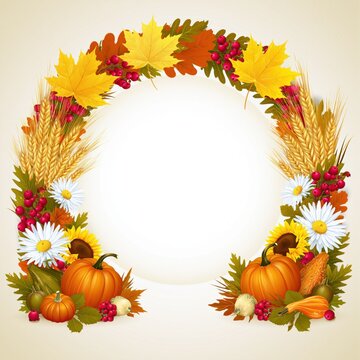 Rustic Autumn Harvest Frame with Pumpkins, Sunflowers, Wheat and Red Berries on Warm Background