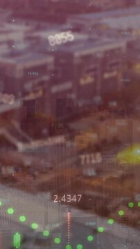 Animation of financial data processing over cityscape