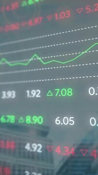 Animation of financial data processing over cityscape