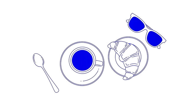 Minimalist line art illustration of a morning breakfast with hot coffee a fresh croissant and sunglasses on a white background