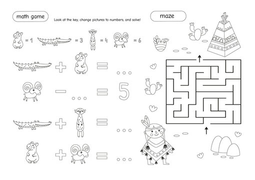 Printable black and white educational page for children with decode math problems, maze, and coloring elements