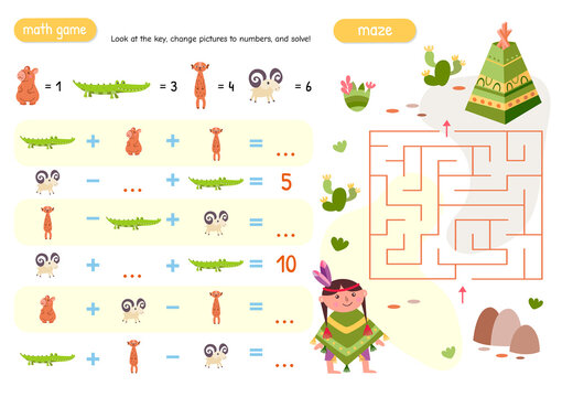 Educational activity worksheet for children with decode math problems and maze game in native theme