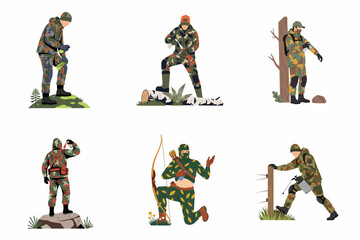 Fototapeta premium Flat vector illustrations of hunters and soldiers wearing camouflage, equipped with rifles, bows, and binoculars in wilderness settings, isolated on white for outdoor sports and military themes.