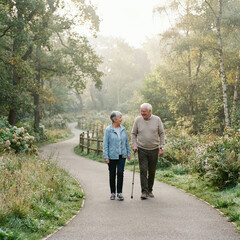Fototapeta premium Two elderly people using canes walk and talk together along a wooded park path