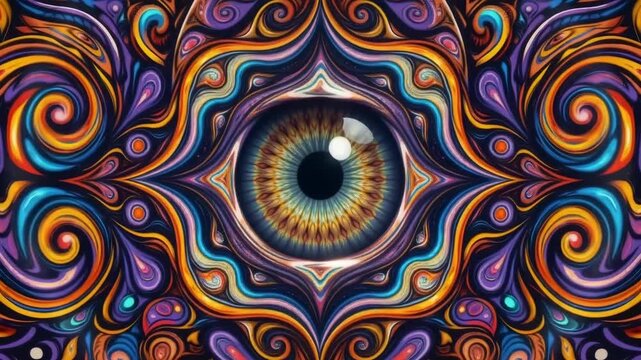 Psychedelic Skull with Glowing Eye Stares Forward in Vibrant Abstract Digital Art