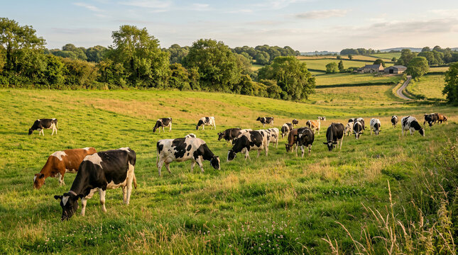 A herd of black and white cows grazes on rolling green hills near a rural farmhouse