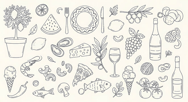 A collection of handdrawn food icons and line art doodle illustration showcasing mediterranean cuisine and culinary elements for menu design