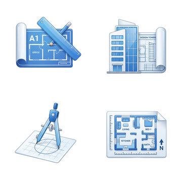 Architectural blueprint and technical design icons in 3d style