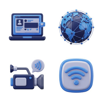Dark blue 3d internet and networking icon set