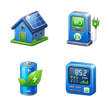 Sustainable power and electric vehicle charging 3d icons