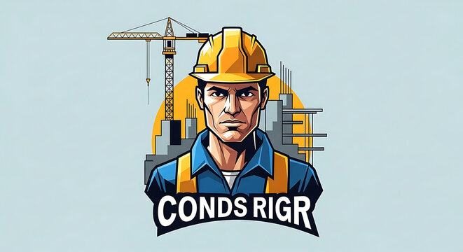 Professional construction worker wearing a yellow hard hat as a builder mascot at an industrial site for a civil engineer design