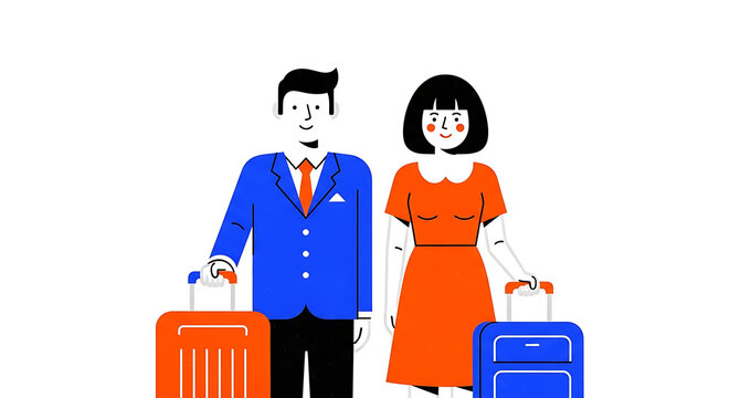Young happy couple traveling with luggage in a flat style illustration perfect for business travel and vacation concepts