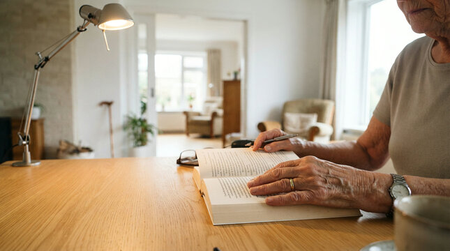 An elderly man writes in an open book at a wooden desk in a warm home study