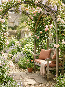 A wooden bench with two cushions and a throw blanket sits in an overgrown garden