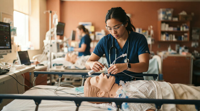 Healthcare trainee adjusts breathing mask on mannequin in simulation laboratory