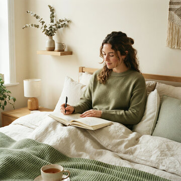 Young woman writes in notebook while relaxing on bed in a cozy green bedroom