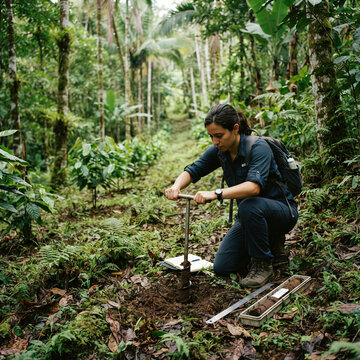 Woman extracting a soil sample with a metal tool among dense forest ferns