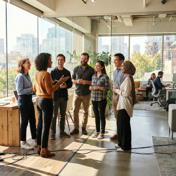 Seven diverse colleagues socialize together inside modern open city office