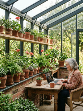 One elderly woman with short gray hair and glasses inside a productive greenhouse