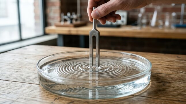 Tuning fork in water creating ripples for physics experiment demonstration