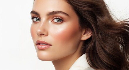 Fototapeta premium Beautiful woman with long brown hair posing for beauty portrait.
