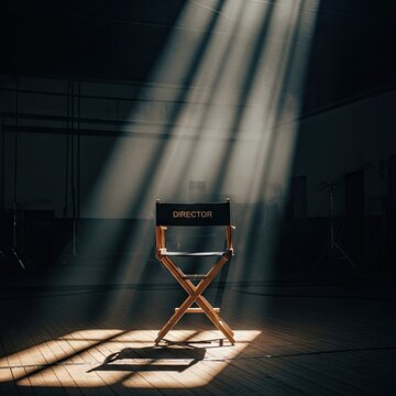 Director chair under bright sunbeams in a studio.