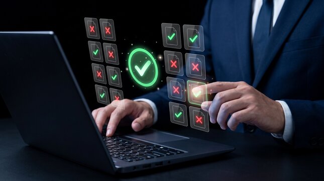 Businessman auditing digital tasks on laptop with checklist icons with checklist green checkmarks checkmarks red crosses crosses floating with businessman blue suit
