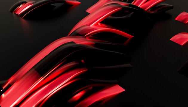 Abstract 3d rendering with flowing red and black curved shapes on dark