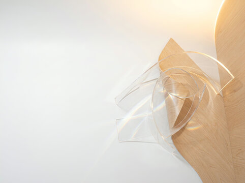Transparent acrylic forms beside curved wooden panel in warm directional light