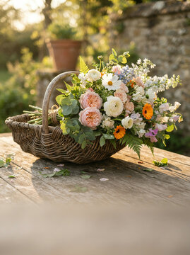 A wicker basket filled with various flowers in a horticultural setting
