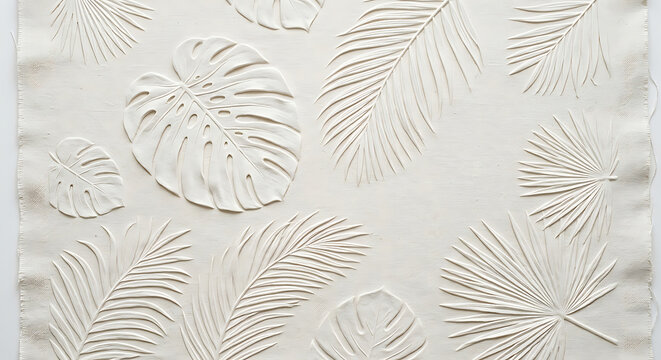 Elegant monstera and tropical leaf texture on a white sculptural background for minimalist interior design and botanical art decoration