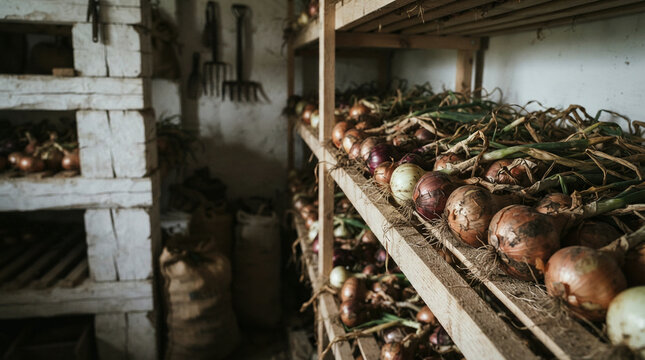 A large quantity of onions, approximately fifty to seventy-five visible, piled on wooden shelves