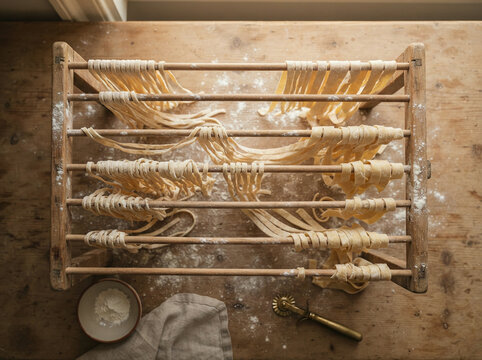 Fresh pasta strands drying on a wooden rack beside flour on a rustic table