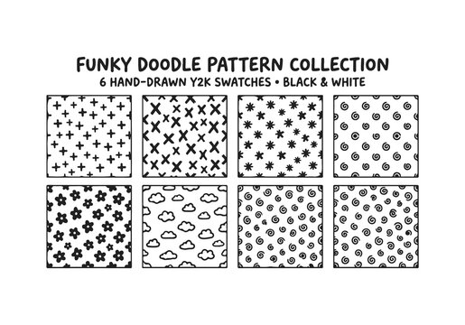 Funky doodle pattern collection Y2K swatches black and white with crosses stars clouds and swirls for backgrounds.