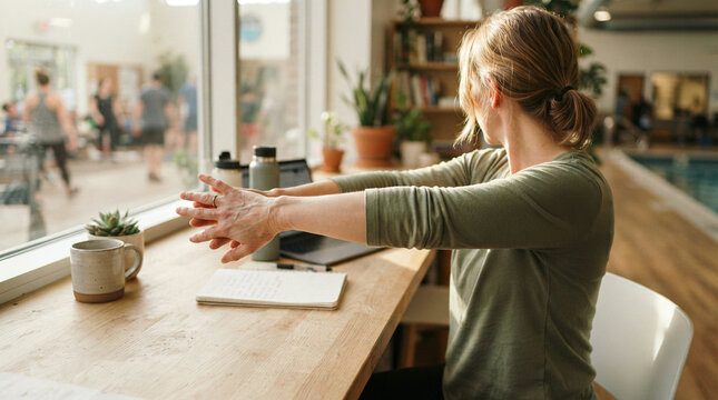 Woman stretching her arms while seated at a wooden table in a cozy indoor cafe