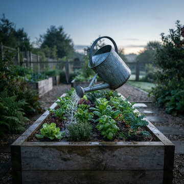 A galvanized watering can pours water into a raised bed of lettuce and basil at twilight