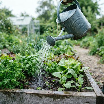 A person's arm and hand are watering a raised garden bed with a galvanized steel watering can
