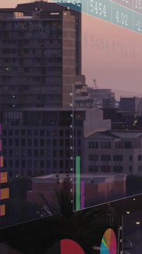 Animation of screens with data processing against aerial view of cityscape