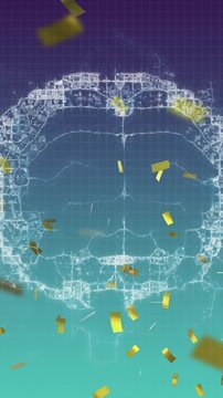 Animation of gold confetti falling over human brain spinning