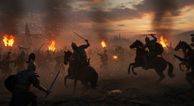 Medieval knights fight battle on horseback. Soldiers with sword and shield charging in conflict. Epic historical warfare scene with fire, smoke and explosion. Crisis, aggression and combat.