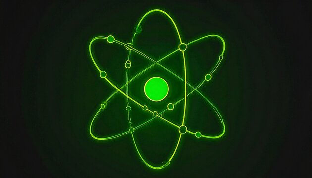 Stylized Digital Illustration of Glowing Green Atom Symbol with Orbiting Electrons Against Dark Background for Science Concept