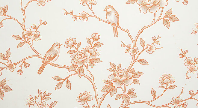 Elegant vintage pattern featuring a bird on a flower branch in a classic Chinoiserie style with terracotta orange botanical elements